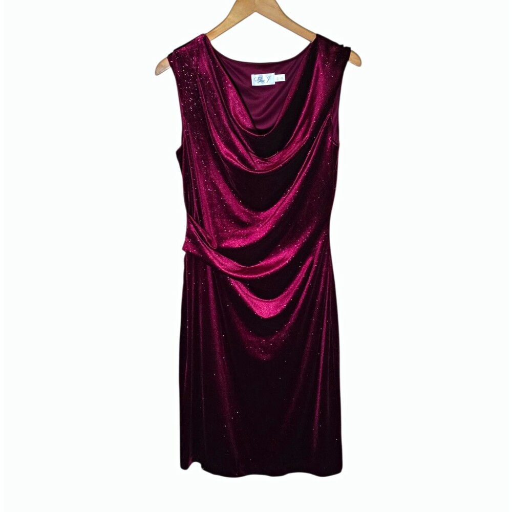 Eliza J Womens Size 12 Burgundy Velvet Glitter Draped Cowl Neck Sheath Dress